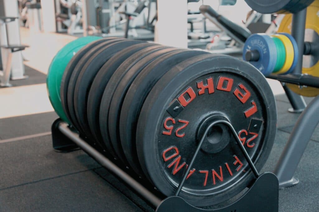 Weight plates on rack in a fitness centre